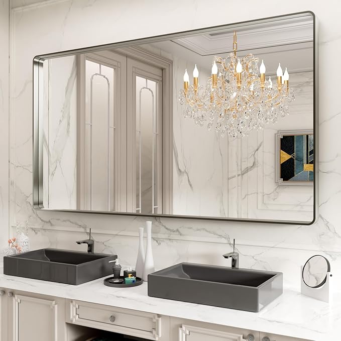 LOAAO 72X40 Inch Brushed Nickel Bathroom Mirror | Rounded Rectangle, Silver Metal Frame, Anti-Rust, Hangs Horizontally or Vertically, Tempered Glass