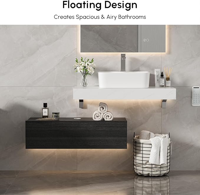 homary 35'' Floating Bathroom Vanity with Sintered Stone Countertop, Wall-Mounted Bathroom Cabinet with Ceramic Sink & Drawer Storage, Waterproof Modern Single Vanity, Black