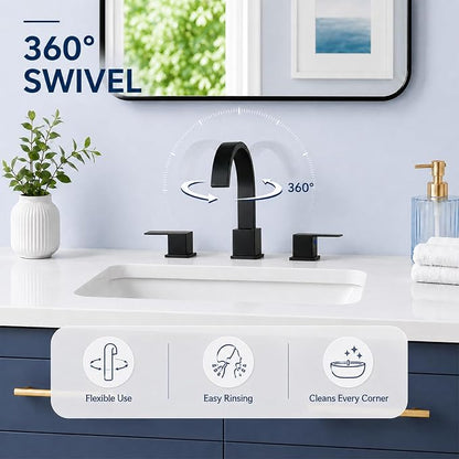 Widespread 8 Inch Matte Black Bathroom Sink Faucet, Waterfall Black Stainless Steel Bathroom Faucet for Sink 3 Hole, Vanity Lavatory Sink Faucets with Drain & Water Hoses