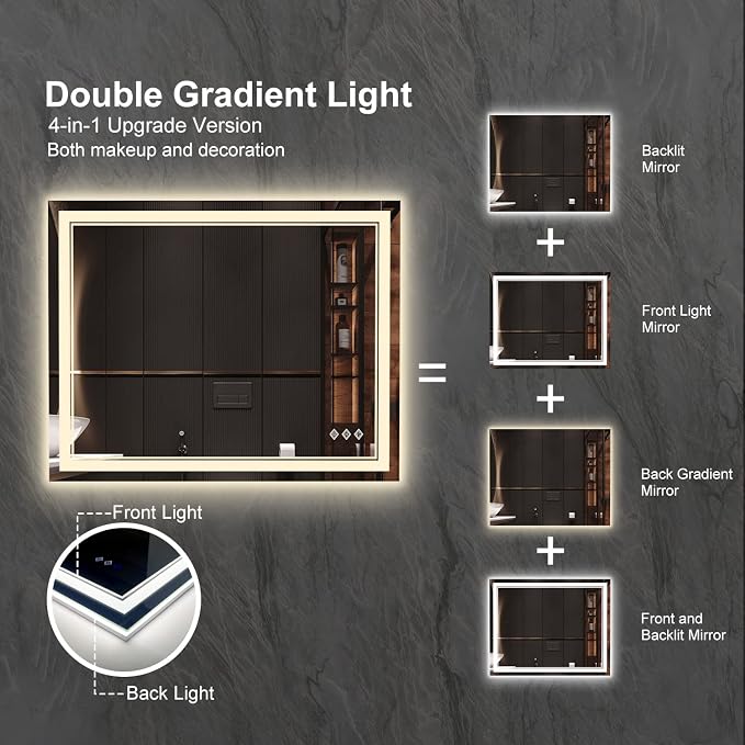 LED Bathroom Mirror, 40x32 Inch Gradient Front and Backlight Bathroom Vanity Mirror, 3 Colors Dimmable CRI>90 Double Lights, IP54 Enhanced Anti-Fog, Hanging Plates Wall Mount LED Mirror
