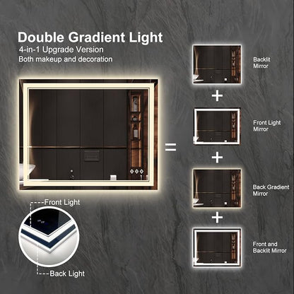 LED Bathroom Mirror, 40x32 Inch Gradient Front and Backlight Bathroom Vanity Mirror, 3 Colors Dimmable CRI>90 Double Lights, IP54 Enhanced Anti-Fog, Hanging Plates Wall Mount LED Mirror