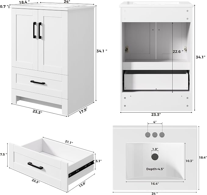 IRONCK 24" Bathroom Vanity with Sink, 1 Soft-Close Drawer & 2 Doors, White | Freestanding Bathroom Vanity, Integrated Ceramic Sink, Modern Bathroom Storage Cabinet for Small Space, Easy Assembly