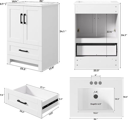 IRONCK 24" Bathroom Vanity with Sink, 1 Soft-Close Drawer & 2 Doors, White | Freestanding Bathroom Vanity, Integrated Ceramic Sink, Modern Bathroom Storage Cabinet for Small Space, Easy Assembly