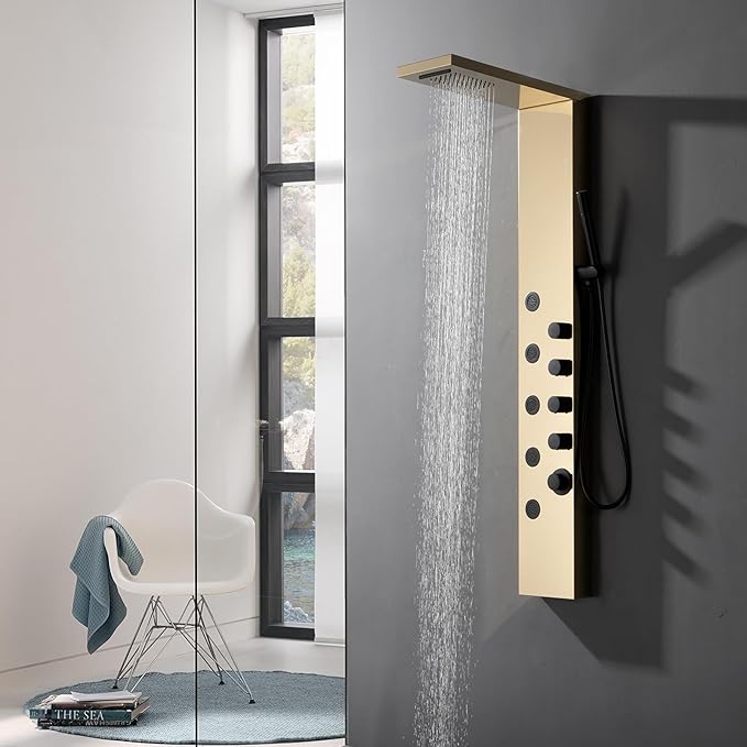 Homevacious Shower Panel Tower System with Rainfall Shower Head,5 Body Jets and Handheld Shower Head,Modern Massage Shower System Polished Gold and Black