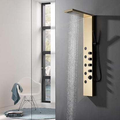 Homevacious Shower Panel Tower System with Rainfall Shower Head,5 Body Jets and Handheld Shower Head,Modern Massage Shower System Polished Gold and Black