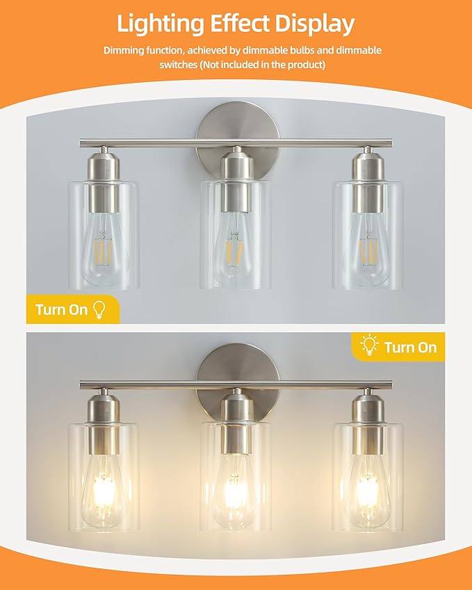 Brushed Nickel Vanity Lights - 3-Light Modern Bathroom Lighting Fixtures with Clear Glass Shade - Wall Sconce for Hallway - 2Pack