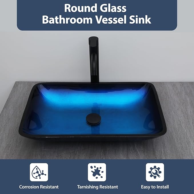 Logmey 22" Glass Bathroom Vessel Sink Vanity Countertop Rectangular Bowl with Black Pop up Drain Set,Glass Art Basin,Blue