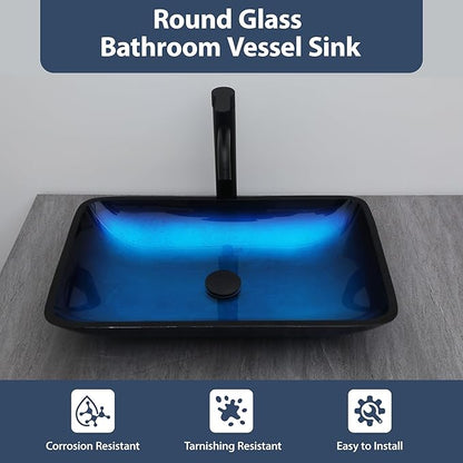 Logmey 22" Glass Bathroom Vessel Sink Vanity Countertop Rectangular Bowl with Black Pop up Drain Set,Glass Art Basin,Blue
