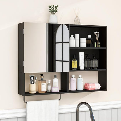 Bathroom Wall Cabinet, Medicine Cabinet, with Mirror & Towel Bar, Black