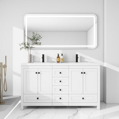 LUCKWIND 60" Bathroom Vanity and Sink Combos, Modern Bathroom Storage Painted Cabinet with Undercounter Resin Dual Sink Top, Matte Black Faucet and 6 Drawers, Mirror Not Included, White