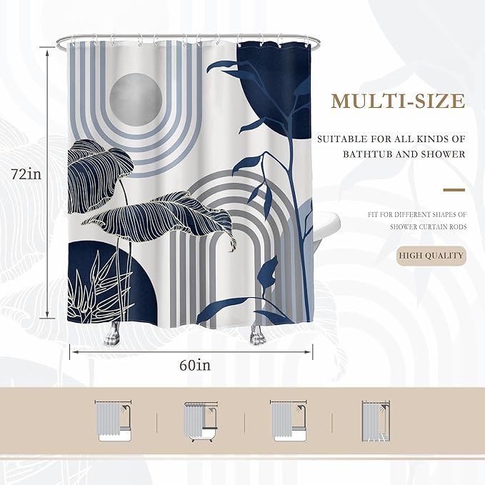 Glawry Mid Century Abstract Shower Curtain Blue Grey Boho Palm Tree Leaf Sun Arch Minimalist Geometric Bathroom Modern Aesthetic 60Wx72L Inches Bath Accessories Art Home Decor Fabric 12 Pack Hook