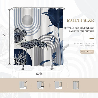 Glawry Mid Century Abstract Shower Curtain Blue Grey Boho Palm Tree Leaf Sun Arch Minimalist Geometric Bathroom Modern Aesthetic 60Wx72L Inches Bath Accessories Art Home Decor Fabric 12 Pack Hook