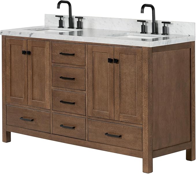 ARIEL Cambridge 60-inch Bathroom Vanity with Sink,Solid Wood, 1.5-inch Italian Carrara Marble Countertop, Double Rectangular Porcelain Sink, 4 Soft Closing Doors, 6 Dovetail Drawers, Brown Oak