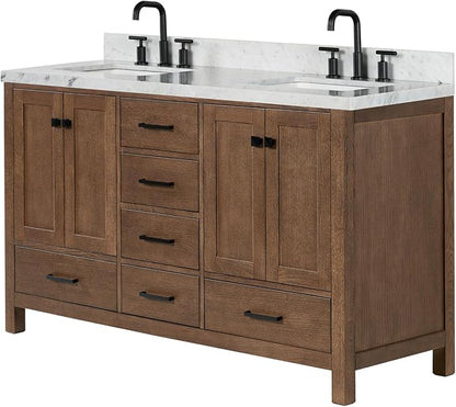ARIEL Cambridge 60-inch Bathroom Vanity with Sink,Solid Wood, 1.5-inch Italian Carrara Marble Countertop, Double Rectangular Porcelain Sink, 4 Soft Closing Doors, 6 Dovetail Drawers, Brown Oak