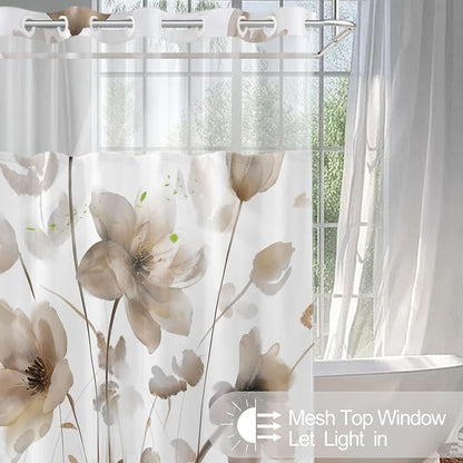No Hook Shower Curtain and Liner Set, Brown Boho Floral 71x74 | Watercolor Boho Flower, with Snap in Liner, Waterproof, Machine Washable, Quick-Drying, for Hotel Bathroom