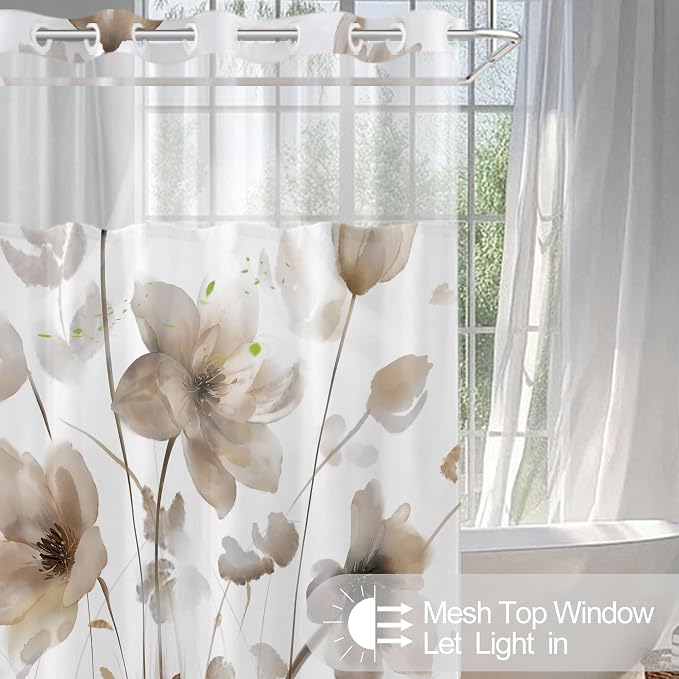 No Hook Shower Curtain and Liner Set, Brown Boho Floral 71x84 | Watercolor Boho Flower, with Snap in Liner, Waterproof, Machine Washable, Quick-Drying, for Hotel Bathroom
