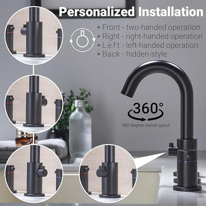 Bathroom Faucet 3 Hole Matte Black - Flow-Setting 8 Inch Widespread Bathroom Sink Faucet with 360° Swivel Spout for Small Vanity, with Overflow Pop Up Drain and cUPC Waterlines