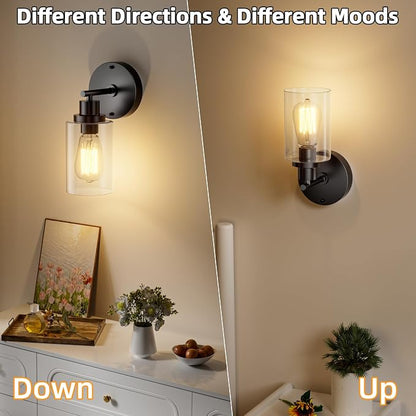 GORDNWE Modern Bathroom Wall Sconce, Matte Black Vanity Wall Light Fixture | E26 Bulb Base, Clear Glass Shade, Wall Mount Light Fixtures for Mirror, Bedroom, Hallway