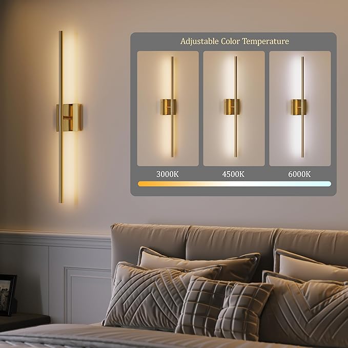 40″ Gold Battery Operated Wall Sconces Set of Two, Dimmable Wall Sconces with Remote Control, Rechargeable Sconces Wall Lighting, LED Wireless Wall Lights for Bedroom, Living Room, Bathroom