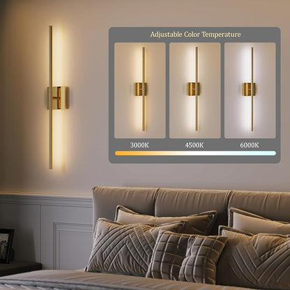 10000mAh Gold Battery Operated Wall Sconces Set of 2, 3 Color Dimmable Rechargeable Wall Light with Remote, 24 Inch Wireless Sconce Wall Lighting with Timer Function for Living Room, Bedroom, TV