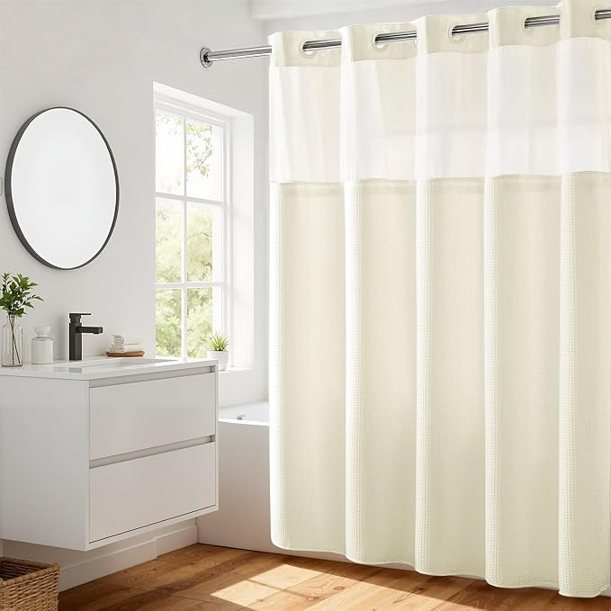 RiverDream Heavyweight Waffle No Hook Shower Curtain with Liner,Cream,71x74 | Dotted Waffle,Snap-in Liner,Heavy Duty,Quick Dry,Mesh Top Window,With Bottom Magnets,Hotel-Grade,Washable,Standard Size
