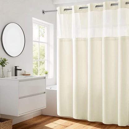 RiverDream Heavyweight Waffle No Hook Shower Curtain with Liner,Cream,71x74 | Dotted Waffle,Snap-in Liner,Heavy Duty,Quick Dry,Mesh Top Window,With Bottom Magnets,Hotel-Grade,Washable,Standard Size