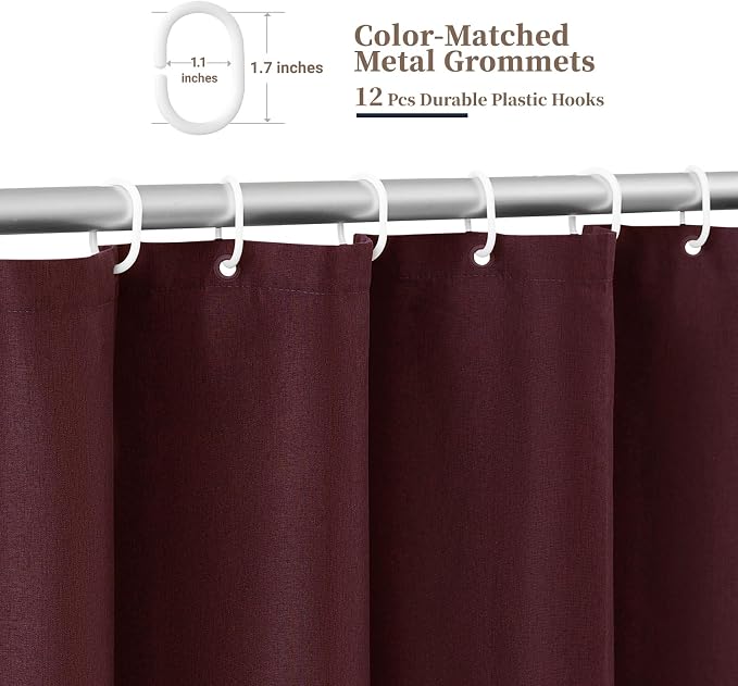 BTTN 80 Inch Shower Curtain, Long Scalloped Boho Linen Textured Heavy Duty Fabric Shower Curtain Set with 12 Hooks, Tall Modern Farmhouse Rustic Waterproof Shower Curtains for Bathtub, 72x80, Burgundy