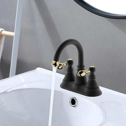 Two Handle Bathroom Sink Faucet,3 Hole with Overflow Pop up Drain, 360° Swivel Spout 4 Inch Centerset Lavatory Faucet,Matte Black with Polished Brass Trim Finished,F-4501-MG