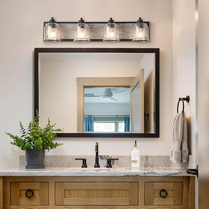 Vanity Lights for Bathroom Large 31.5", Farmhouse Rustic Vanity Light with Bubble Glass Shades, Gray 4 Light Bathroom Lighting Fixtures Over Mirror, Bath Wall Sconce Home Decor