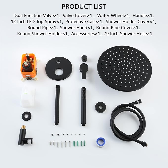 SKOWLL Black Round Rainfall Shower Head and Handle Set, Ceiling Mounted Shower Fixtures, Shower Faucet Trim Repair Kits (With Shower Valve)