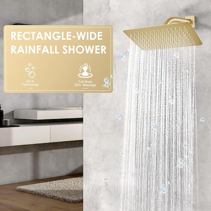 12 x 8 Inch Rectangle Rain Shower Head Brushed Gold, All Metal Stainless Steel 304, Full Body Rainfall Shower with 112 Silicone Nozzles, High Flow Waterfall Showerheads