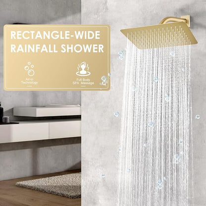 12 x 8 Inch Rectangle Rain Shower Head Brushed Gold, All Metal Stainless Steel 304, Full Body Rainfall Shower with 112 Silicone Nozzles, High Flow Waterfall Showerheads