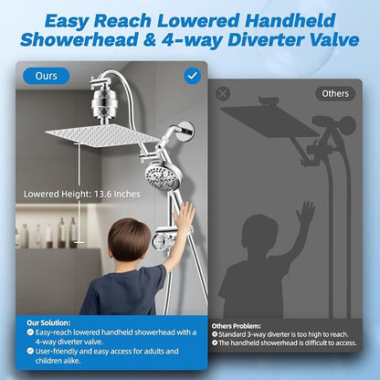 Hibbent 10" Dual Filtered 10" Rainfall Shower Head with Handheld 10-Spray | High Pressure Metal Chrome Showerhead Combo with Filter, 4-way Diverter with Pause Mode, Extension Arm, 71'' Hose & Holder
