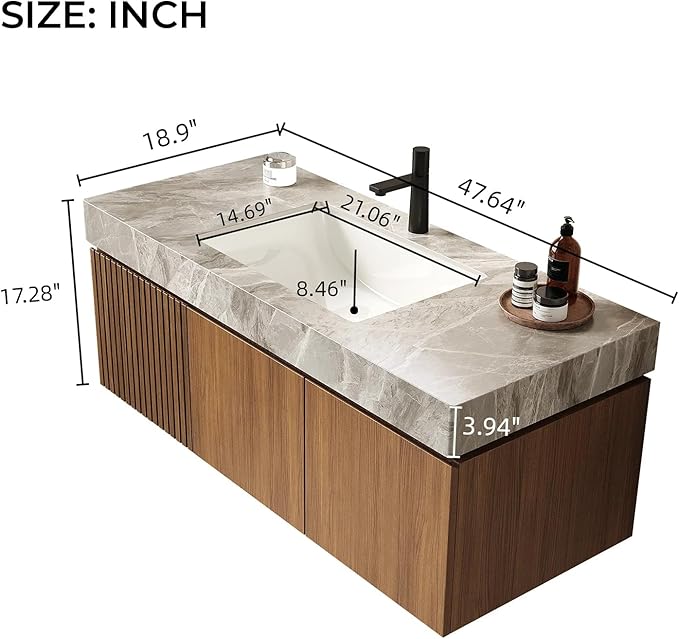 LKTART Floating 48 Inch Bathroom Vanity with Sink, Modern Plywood Wall Mounted Bathroom Storage Cabinet with 2 Doors and 1 Drawer, Light Gray Sintered Stone Countertop and Ceramic Basins