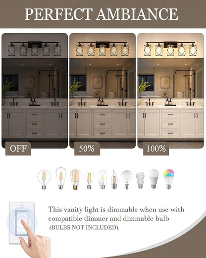 5-Light Oil Rubbed Bronze Bathroom Light Fixtures Over Mirror, 38" UL-Listed Modern Farmhouse Wall Sconce Lights with Clear Glass and Metal Cage for Bath, Hardwire E26, CH9176ORB-5W