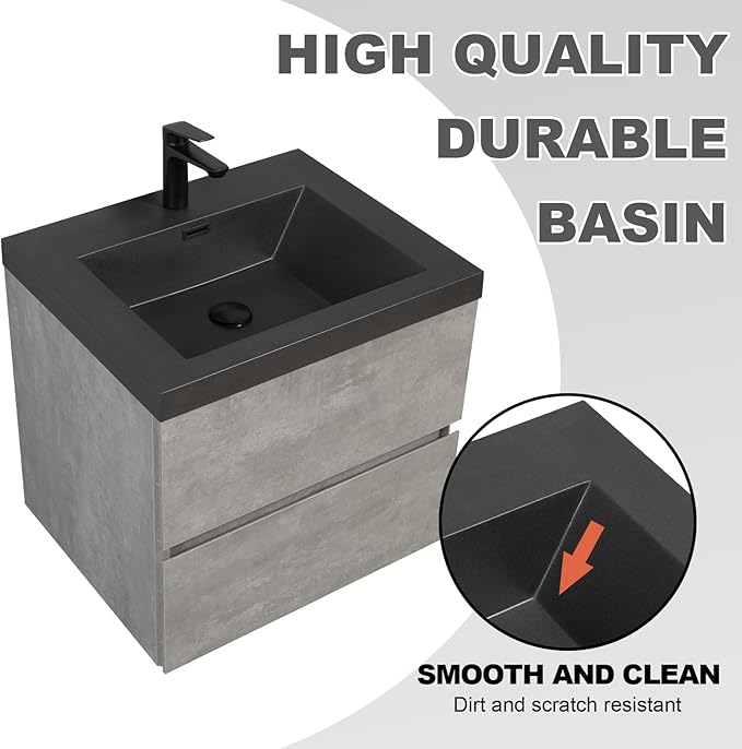 Wall Mounted 24 Inch Bathroom Vanity with Sink, Floating Vanity Bathroom, Single Sink Bathroom Vanity, 2 Drawers, Resin Integrated Sink (Dark Birch)