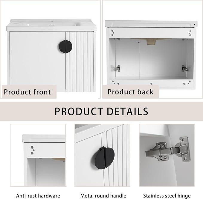 SSLine 28" Wall-Mount Bathroom Vanity Modern Floating Bathroom Vanity Set with Ceramic Sink Basin & Storage Cabinet 28-Inch Luxury White Small Bathroom Vanities with Round Metal Handles
