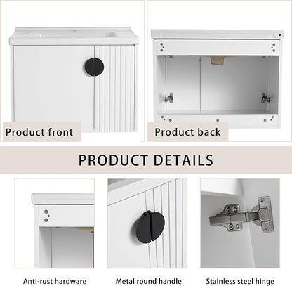 SSLine 28" Wall-Mount Bathroom Vanity Modern Floating Bathroom Vanity Set with Ceramic Sink Basin & Storage Cabinet 28-Inch Luxury White Small Bathroom Vanities with Round Metal Handles