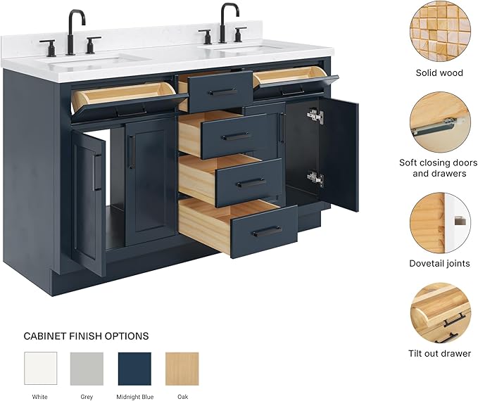 ARIEL Hepburn 60-inch Bathroom Vanity with Sink,Solid Wood, 1.5-inch Carrara White Quartz Countertop, Double Rectangular Porcelain Sink, 4 Soft Closing Doors, 6 Dovetail Drawers, Midnight Blue