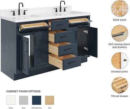 ARIEL Hepburn 60-inch Bathroom Vanity with Sink,Solid Wood, 1.5-inch Carrara White Quartz Countertop, Double Rectangular Porcelain Sink, 4 Soft Closing Doors, 6 Dovetail Drawers, Midnight Blue