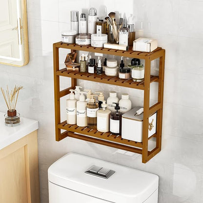 Galood Over The Toilet Storage Bathroom Shelves Wall Mounted 3 Tier Brown-L | Space Saver Corner Shelf Organizer Bamboo Towel Rack Toilet Paper Cabinet with Hanging Rod