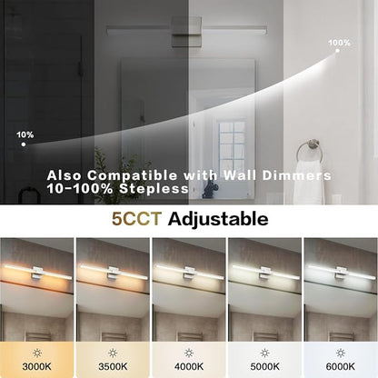 SOLFART Bathroom Lights Over Mirror, 24 Inch Brushed Nickel LED Vanity Light, 5CCT Dimmable, Built-in Dimmer, 4-Way Adjustable, ETL IP44