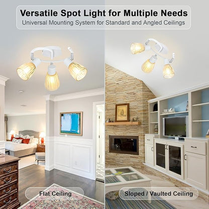 HiBay 3-Light Track Lighting White, Directional Modern Ceiling Fixture | with Glass Shades, Flush Mount Ceiling Spotlight Indoor for Kitchen, Bedroom, Living Room, E12 Base, No Bulbs