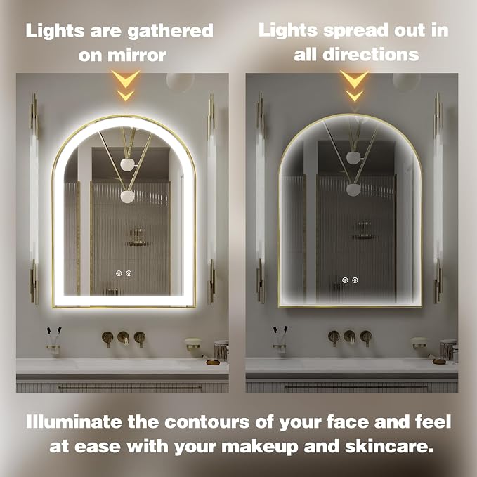 Arched LED Bathroom Mirror, 36"x24" Arch Backlit Vanity Mirror with Lights, Frontlit, Dimmable, 3 Colors, Memory Function, Anti-Fog Smart Mirror, Shiny Gold Frame, Shatterproof, UL Listed