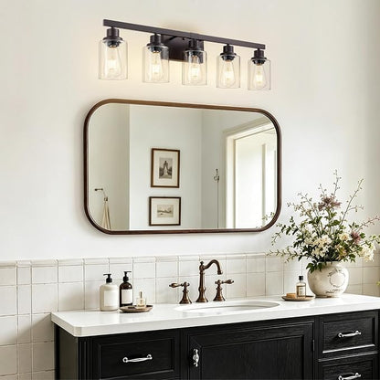 5-Light Oil Rubbed Bronze Bathroom Light Fixtures,30" Vanity Light | Modern Bronze Bathroom Lighting with Clear Glass Shades,Bathroom Wall Sconece over Mirror Sink Cabinet