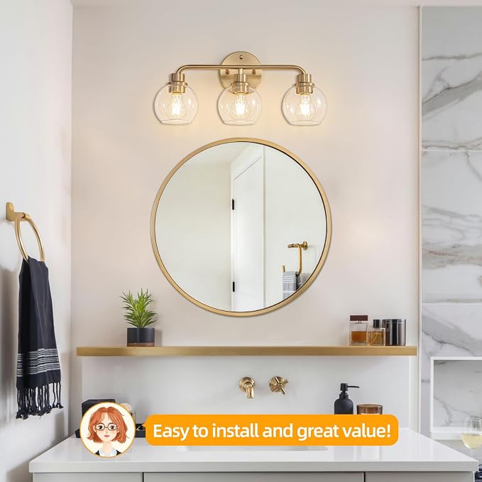 Bathroom Light Fixtures Gold Vanity Light 3 Light Brushed Brass | Wall Sconces Lighting with Clear Globe Glass Shades Bath Wall Lamp for Mirror Kitchen Living Room Bedroom Hallway