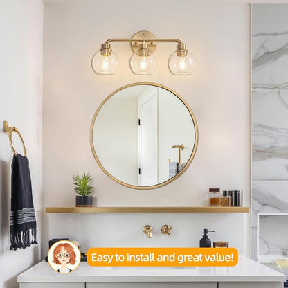 Bathroom Light Fixtures Gold Vanity Light 3 Light Brushed Brass | Wall Sconces Lighting with Clear Globe Glass Shades Bath Wall Lamp for Mirror Kitchen Living Room Bedroom Hallway