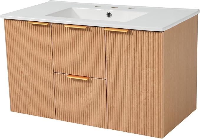 36" Wall Mounted Bathroom Vanity with Ceramic Sink, Modern Floating Bathroom Cabinet with Soft Close Doors & Divided Drawers, MDF Wood Vanity Set for Small Bathroom, Natural Oak