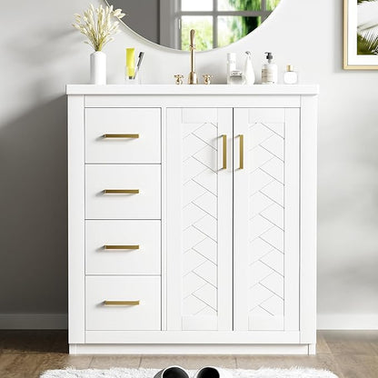 Merax Herringbone Single Sink Bathroom Vanity, Freestanding 30" Modern Bathroom Vanity Storage Cabinet with 3 Drawers and 2 Doors, Solid Wood Frame