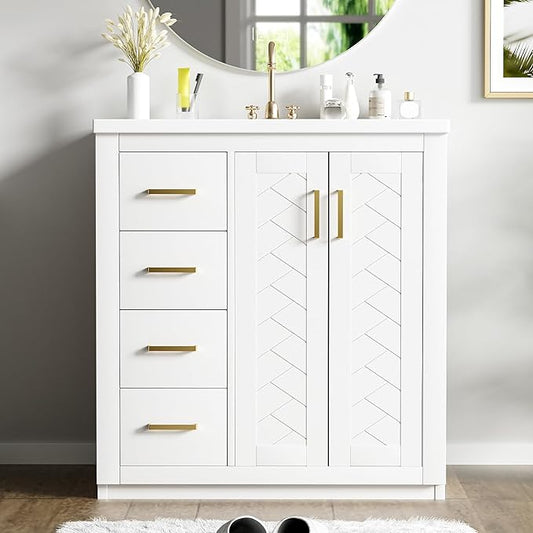 Merax Herringbone Single Sink Bathroom Vanity, Freestanding 30" Modern Bathroom Vanity Storage Cabinet with 3 Drawers and 2 Doors, Solid Wood Frame